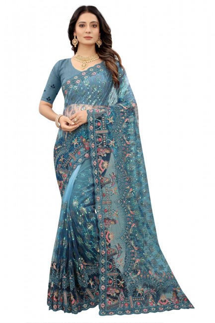 Embroidered Saree in Blue Net