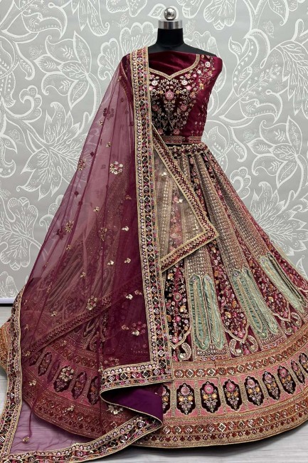 Purple Bridal Lehenga Choli with Embroidered Velvet