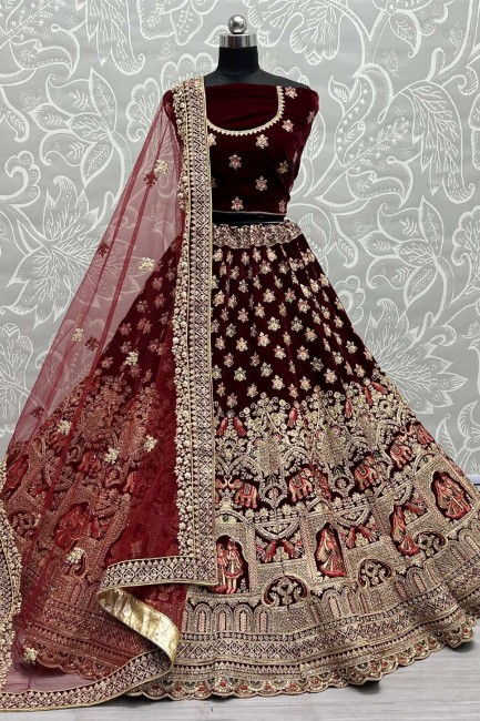 Velvet Embroidered Bridal Lehenga Choli Maroon with Dupatta