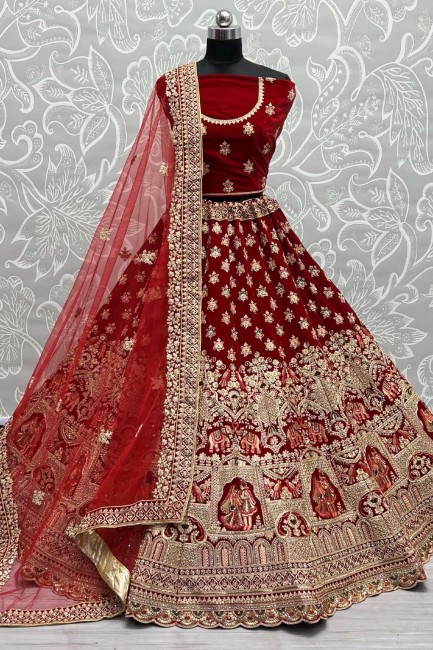 Bridal Lehenga Choli Red with Embroidered Velvet