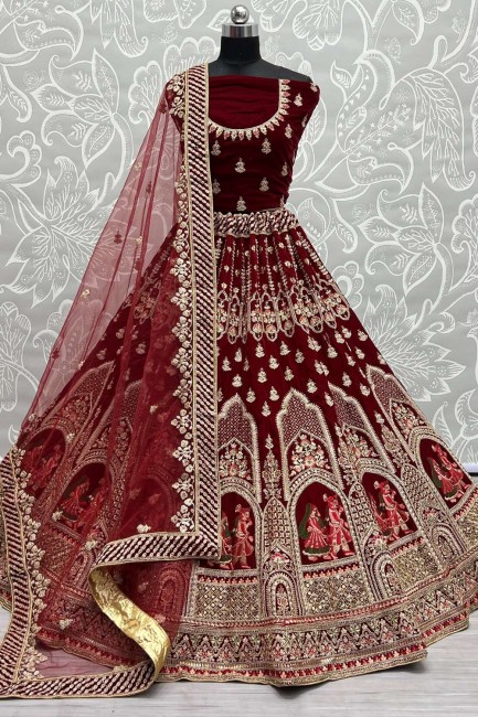 Embroidered Bridal Lehenga Choli in Maroon Velvet