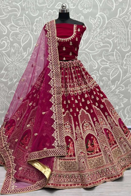 Embroidered Velvet Bridal Lehenga Choli in Rani  with Dupatta