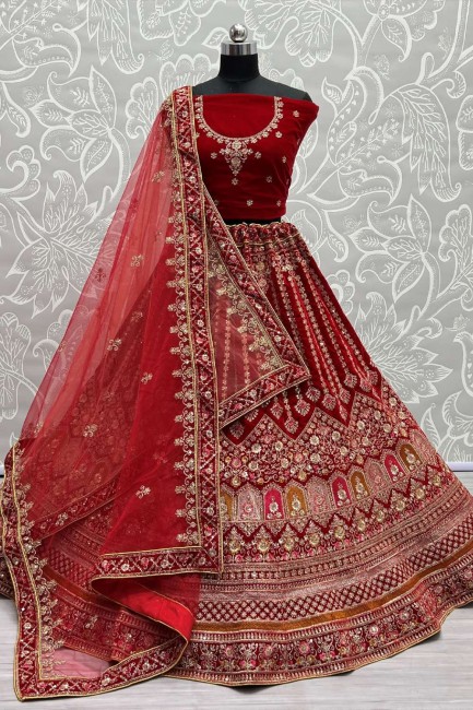 Red Velvet Bridal Lehenga Choli with Embroidered