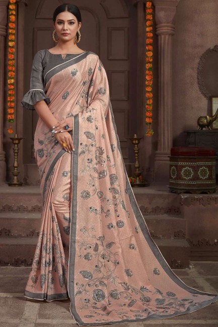 Saree in Multicolor Tussar silk with Embroidered,digital print