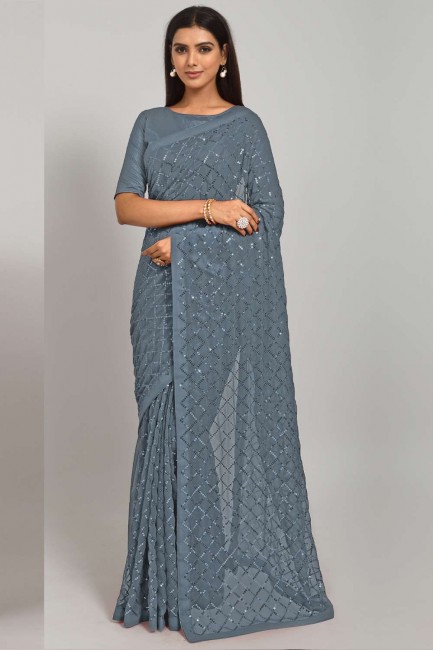 Grey Party Wear Saree in Georgette with Embroidered