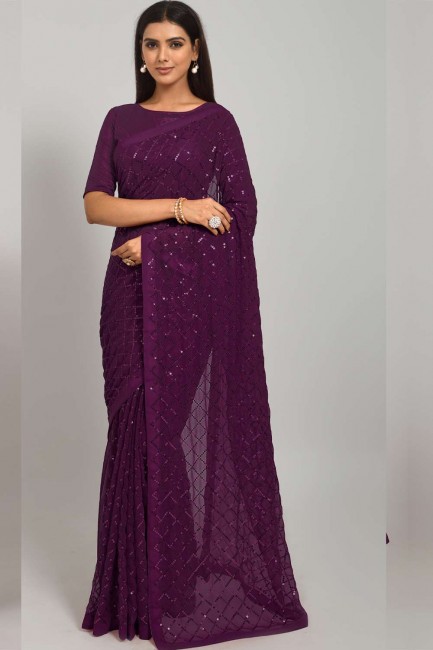 Georgette Wine  Party Wear Saree in Embroidered