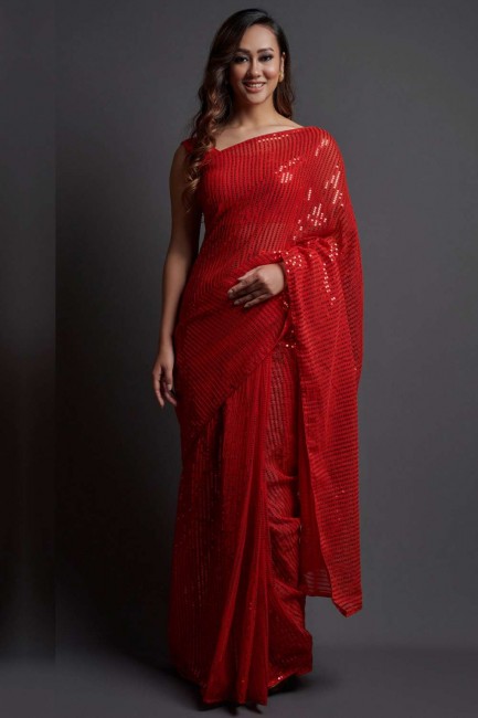 Red Party Wear Saree in Georgette with Embroidered