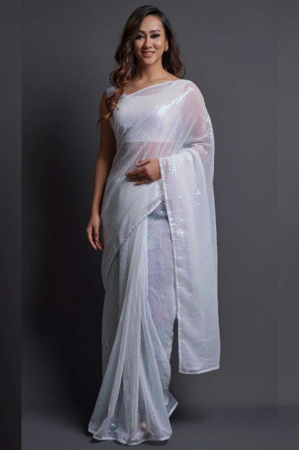 White Party Wear Saree with Embroidered Georgette