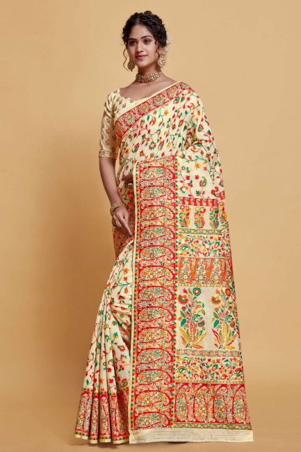Saree with Beige Weaving Silk