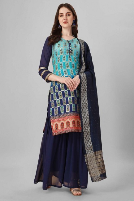 Sharara Suit in Silk Multi  with Weaving