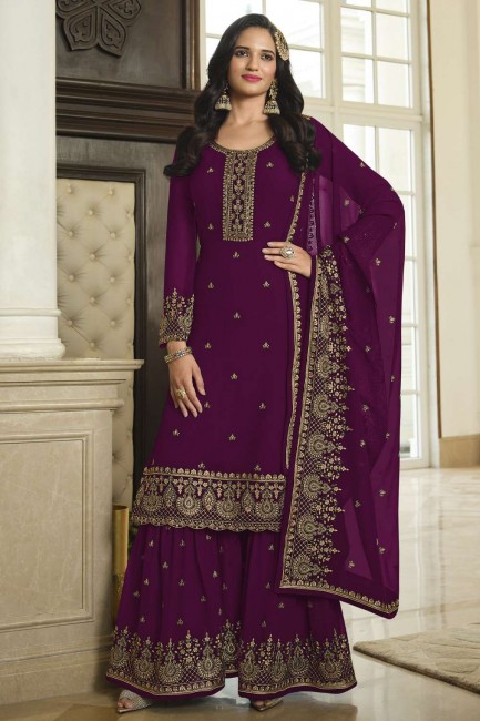 Purple Eid Sharara Suit in Embroidered Georgette