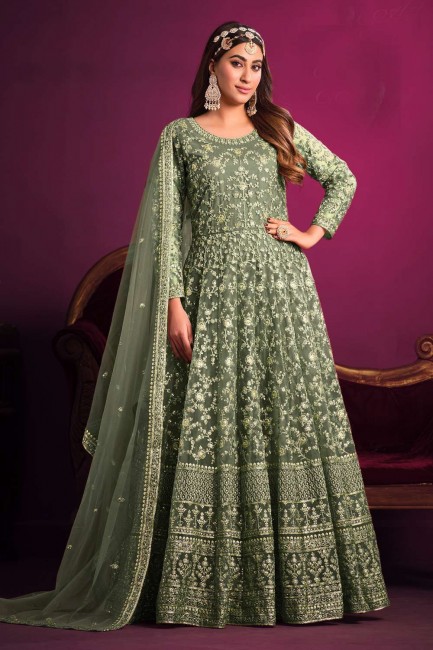 Eid Anarkali Suit Green in Net with Embroidered