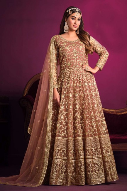 Embroidered Eid Anarkali Suit in Light brown Net