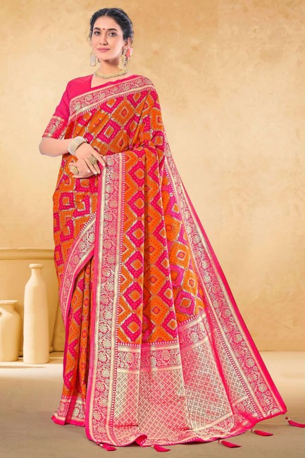 Orange Banarasi silk Saree with Weaving