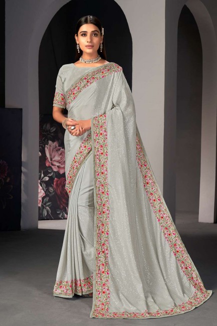 Embroidered Satin Grey Saree with Blouse