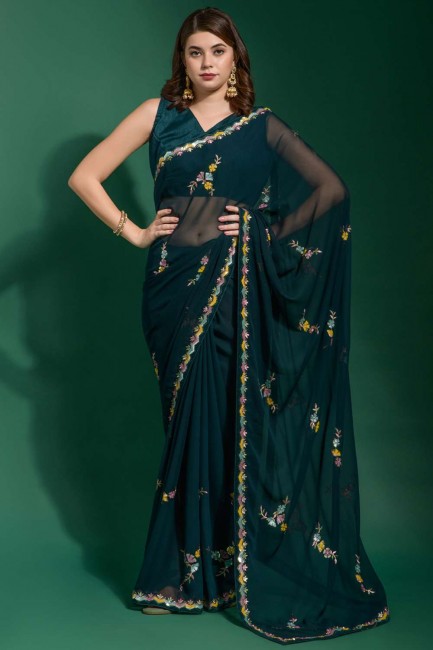 Georgette Party Wear Saree in Teal  with Resham,embroidered