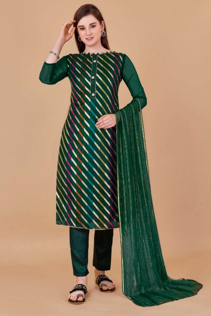 Green Salwar Kameez in Organza with Weaving