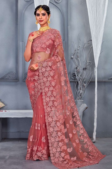 Net Zari,stone,embroidered Dusty gajari Party Wear Saree with Blouse
