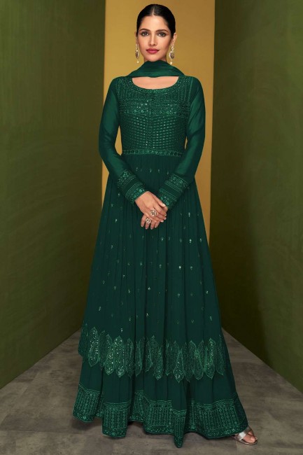 Georgette Green Embroidered Eid Anarkali Suit with Dupatta