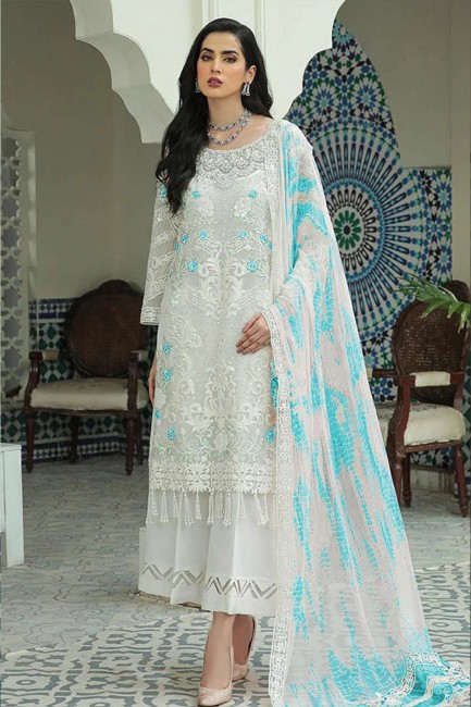Embroidered Georgette Eid palazzo Suit in White with Dupatta