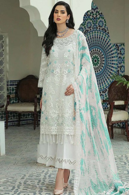 Embroidered Georgette White Eid palazzo Suit with Dupatta