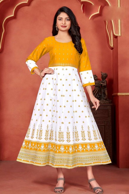 Yellow Rayon Printed Gown Dress with Dupatta