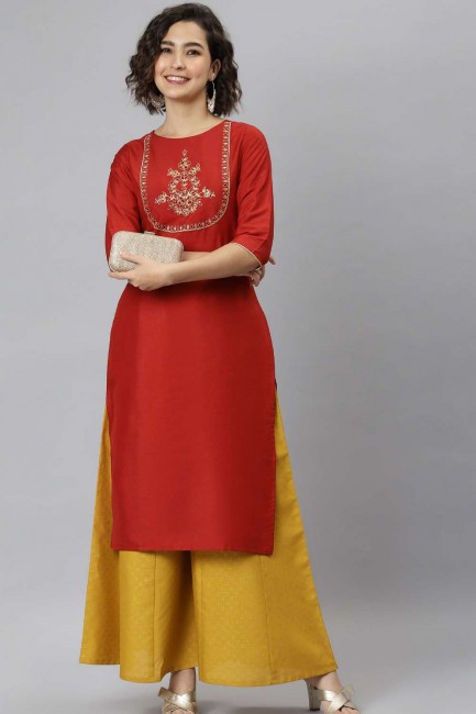 Red Straight Kurti with Embroidered Silk