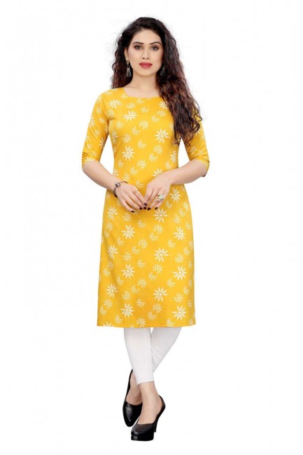 Crepe Straight Kurti in Yellow with Printed