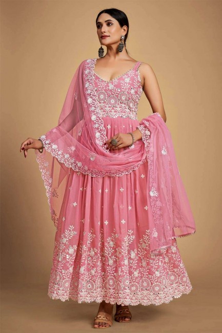 Georgette Pakistani Suit in Baby pink with Thread