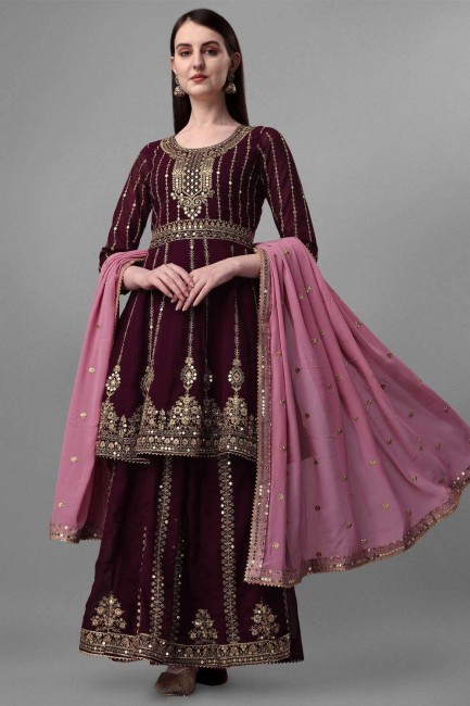 Wine  Lehenga Suit in Georgette with Embroidered