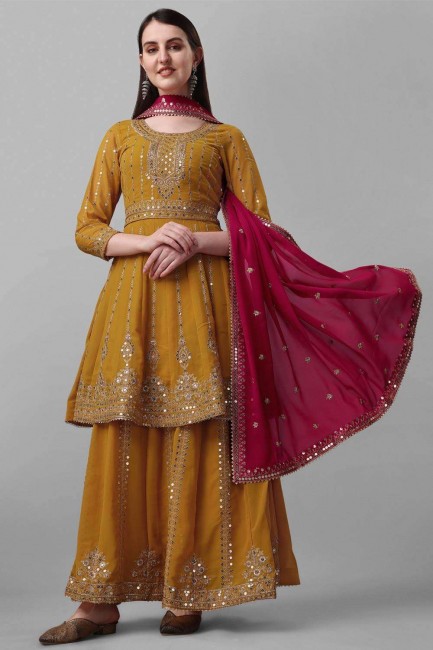 Embroidered Georgette Yellow Lehenga Suit with Dupatta