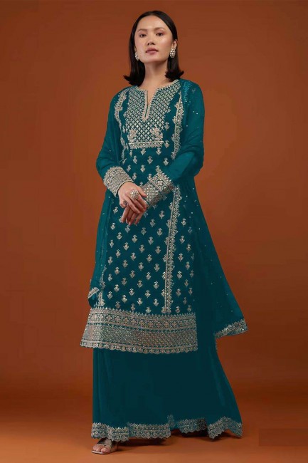 Embroidered Sharara Suit in Aqua blue Georgette