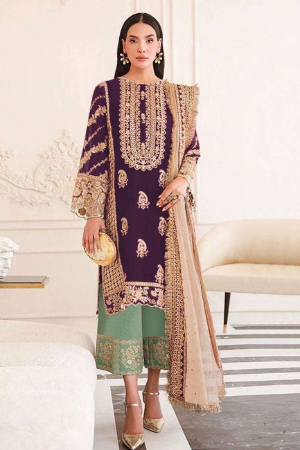 Wine  Pakistani Suit in Embroidered Organza