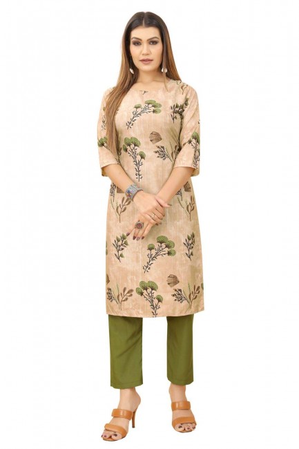 Pink Straight Kurti in Crepe with Printed