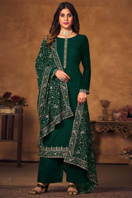 Salwar Kameez Georgette in Green with Embroidered