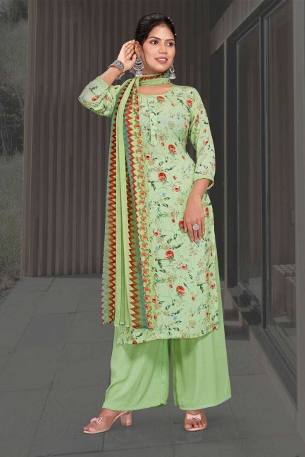 Printed Palazzo suit in Light green Crepe