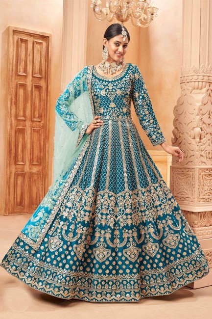 teal Blue Art silk Anarkali Suit with Printed