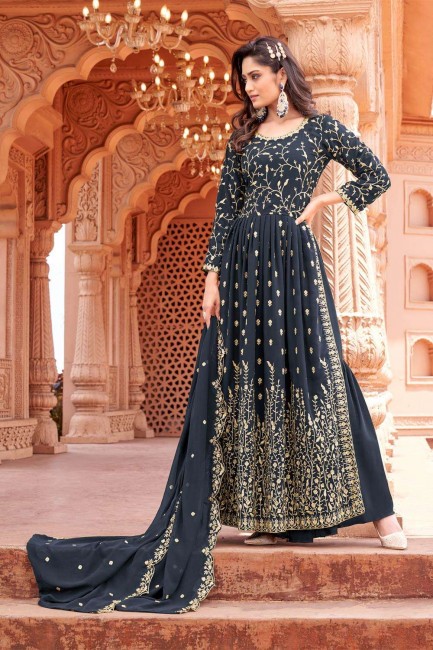 Blue Printed Palazzo Suit in Georgette