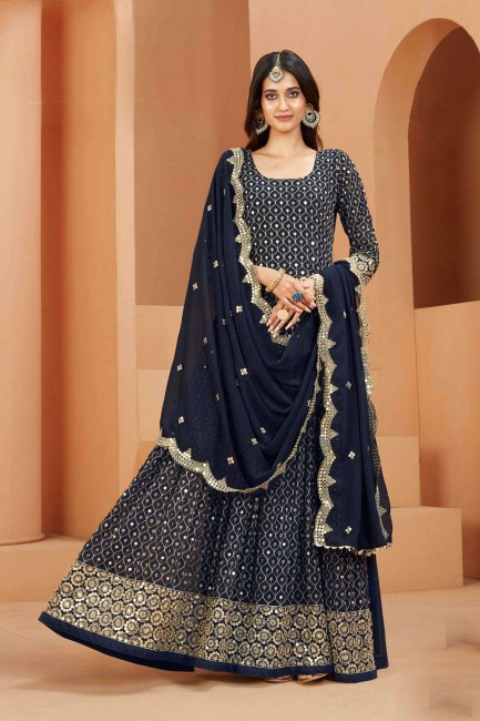 Georgette Anarkali Suit in Blue with Printed
