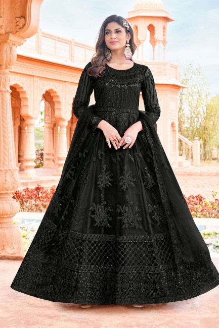 Net Black Anarkali Suit in Printed