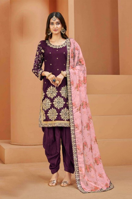 Patiala Suit in Purple Art silk with Embroidered
