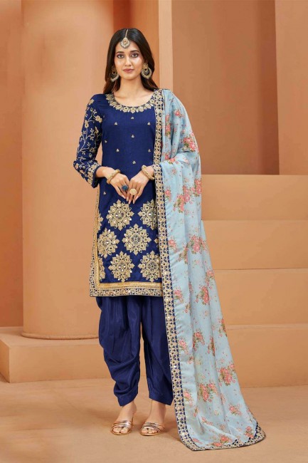 Patiala Suit in Blue Art silk with Embroidered