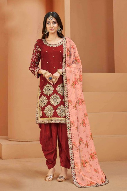Red Embroidered Art silk Patiala Suit