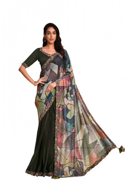 Embroidered,digital print Silk Saree in Green with Blouse