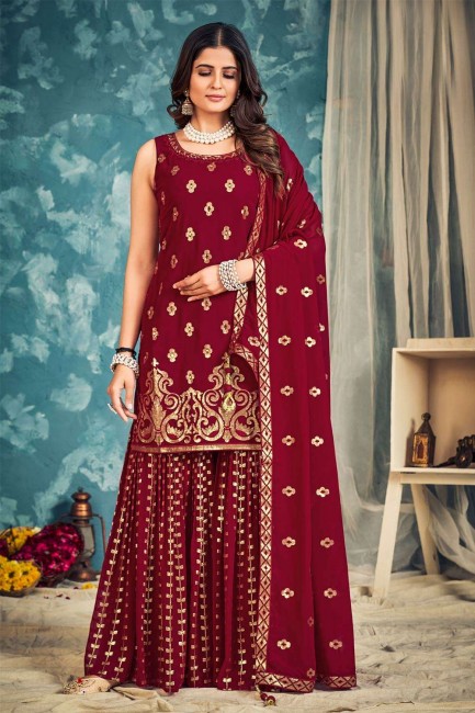 Sequins Sharara Suit in Red Georgette