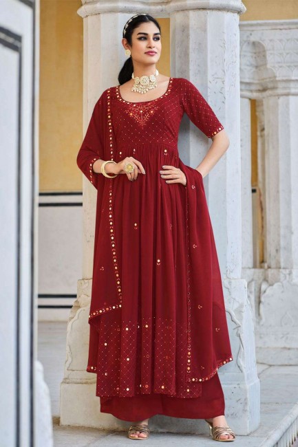 Red Anarkali Suit in Georgette with Embroidered