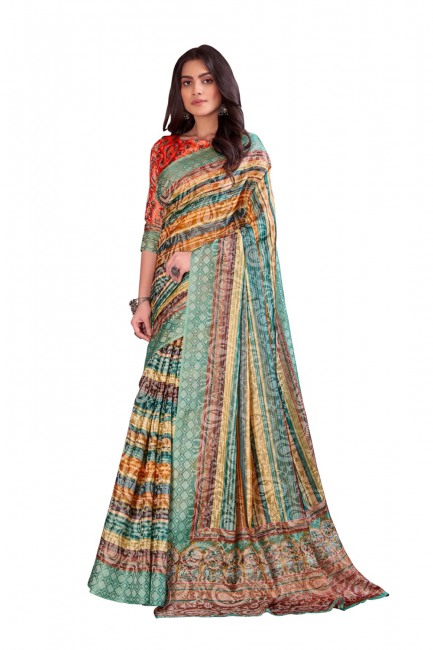 Multicolor Digital print Saree in Chanderi silk