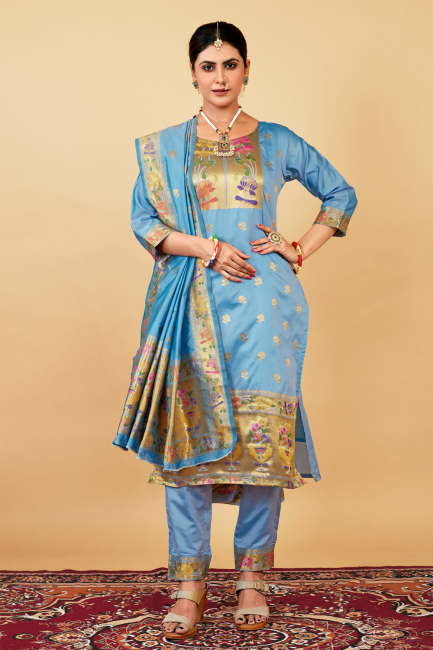 Silk Weaving Light sky blue Salwar Kameez with Dupatta