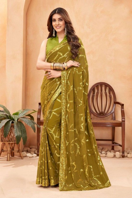 Olive green Party Wear Saree in Sequins Georgette