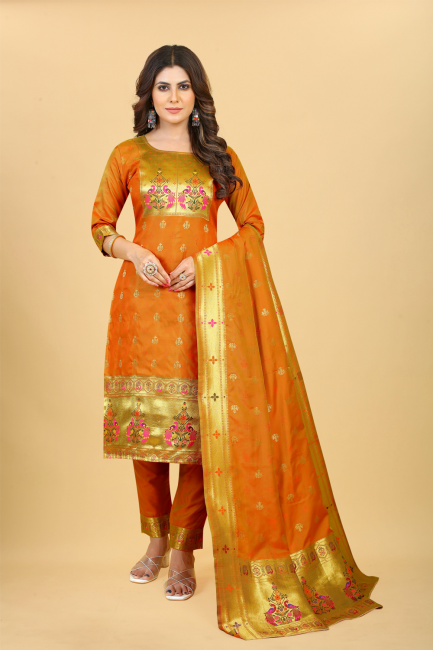 Salwar Kameez in Silk Orange with Printed
